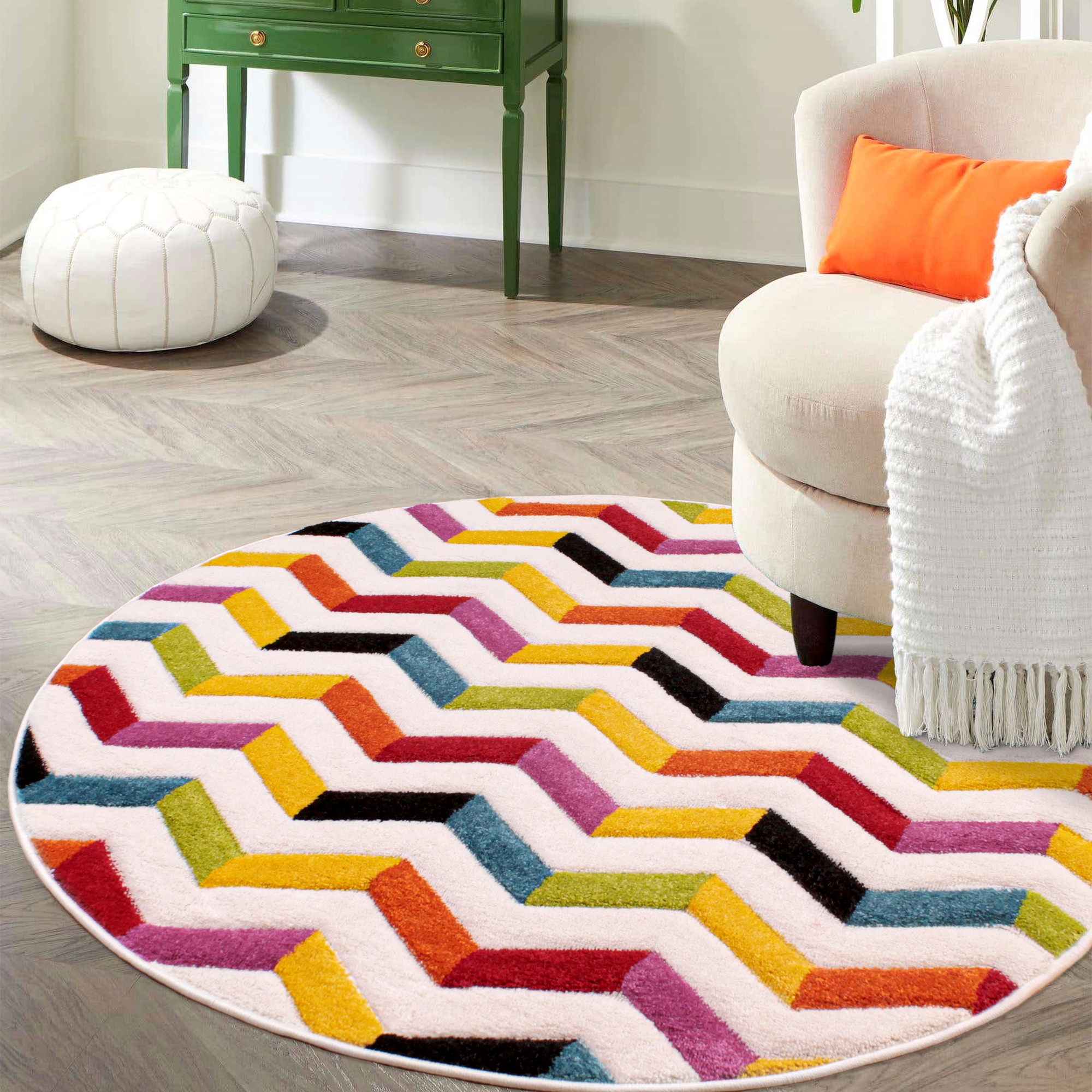 Spectra Coral Carved Chevron Modern Circle Rugs In Multi